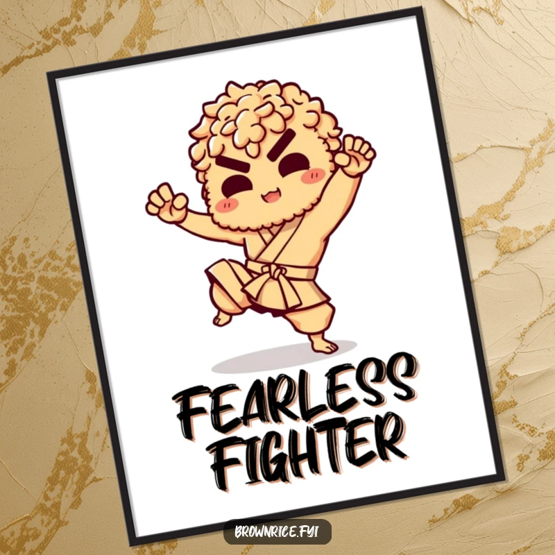 Funny poster print of a brown rice character performing a powerful martial arts kick, full of dynamism and humor.