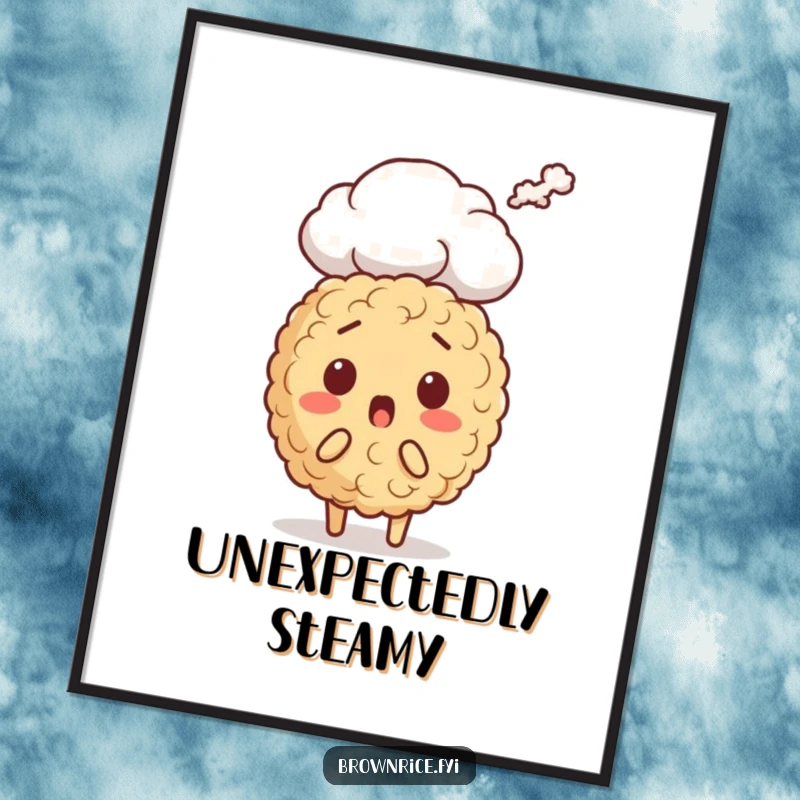 Funny brown rice character poster, displaying extreme surprise as a steam cloud erupts around it, creating a humorous visual.