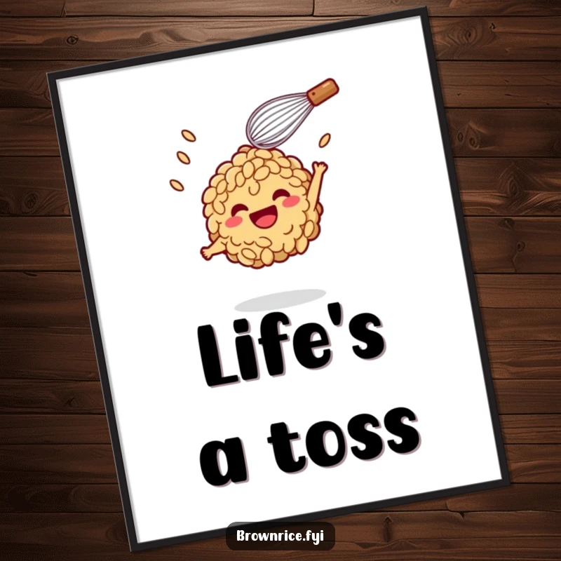 Funny Poster: A brown rice character playfully tossed by a smiling whisk, creating a dynamic and humorous piece of art.