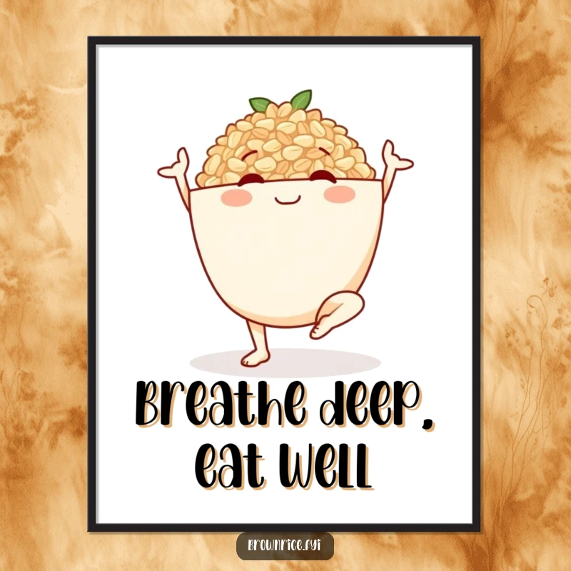 Funny poster art of a smiling brown rice bowl character in a yoga pose, perfect for a calming and humorous wall decoration.