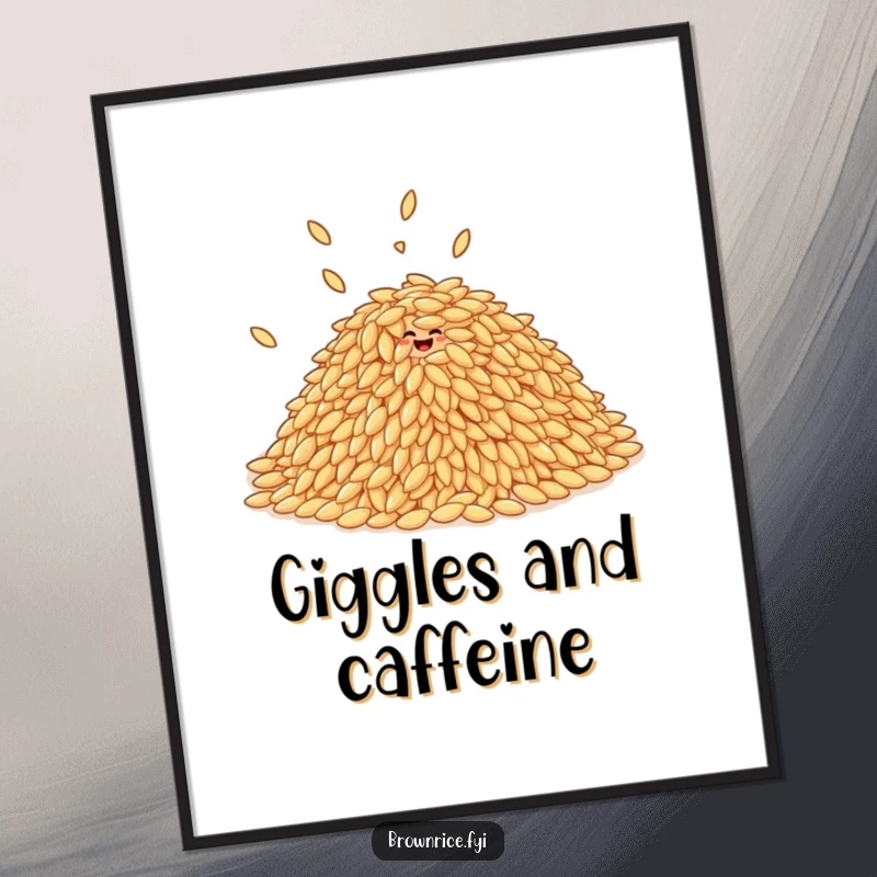 Funny pile of brown rice grains giggling and bouncing exuberantly, featured as a high-quality poster print.