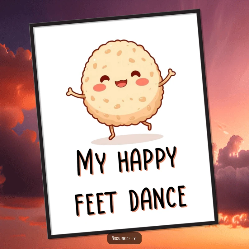Funny kawaii brown rice ball with legs performing a joyful, silly dance, captured in a vibrant, high-quality poster print.