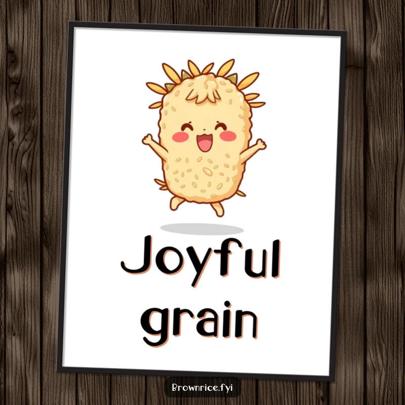 Funny poster of a brown rice character happily bouncing, adding a playful and energetic vibe to decor.