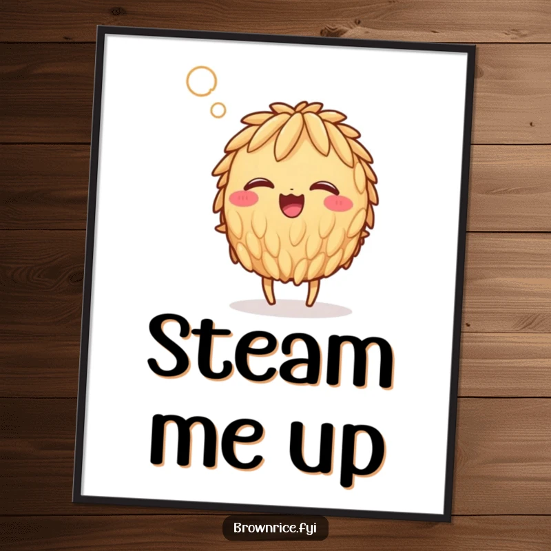 Funny brown rice grain character giggling gleefully while engulfed in a warm, steamy gust, perfect for humorous wall art.