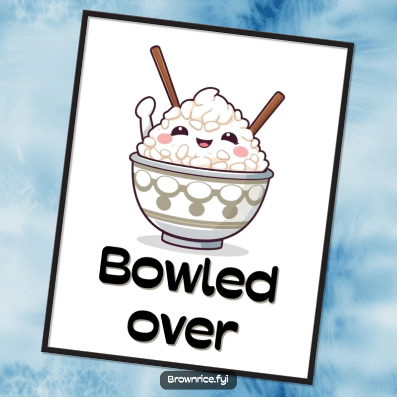 Funny rice bowl character holding chopsticks high in victory, presented as humorous wall art.