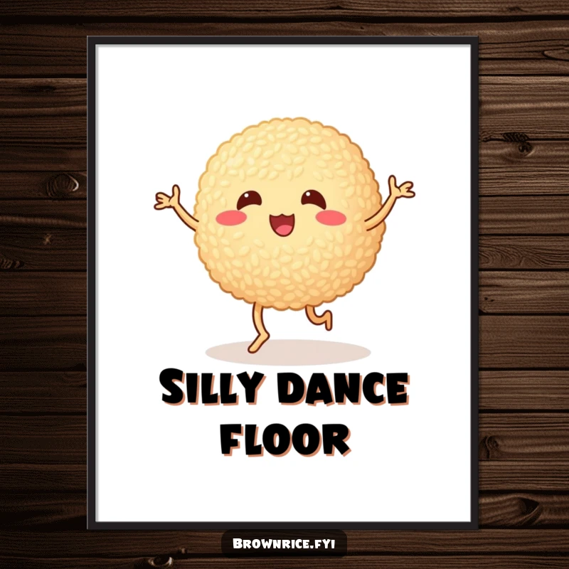Funny brown rice ball doing a silly dance with wobbly legs, a whimsical cartoon wall art poster for playful decor.