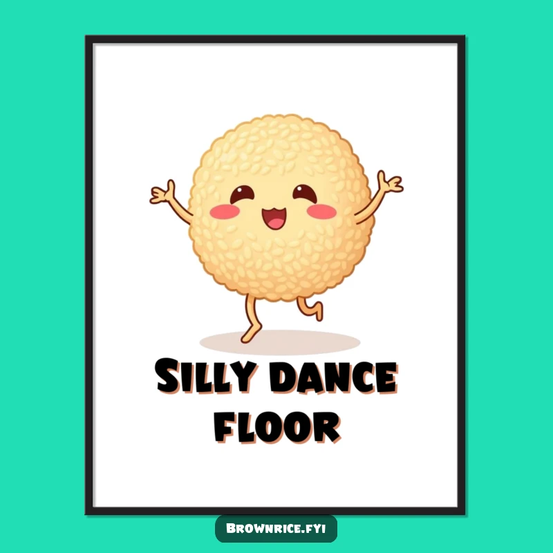 Funny Whimsical Brown Rice Ball Poster - Cartoon Dancing Wall Art
