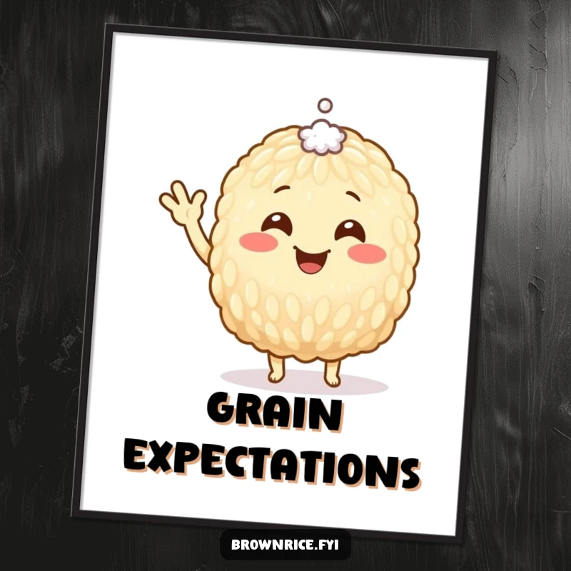 Funny Poster featuring a happy brown rice grain character waving enthusiastically, a tiny speck of salt humorously placed on its head.