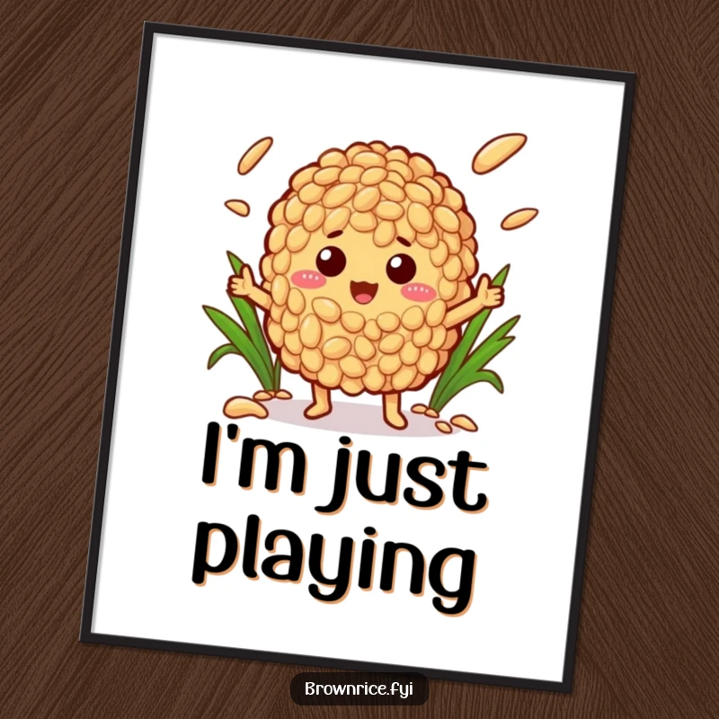 Funny poster print of a brown rice character playfully juggling different types of rice grains with an enthusiastic expression.