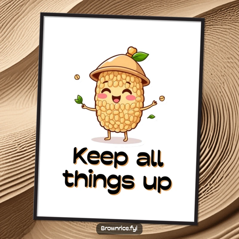 Funny poster art of a happy brown rice grain character wearing a hat and juggling small sprouts, perfect for whimsical wall decor.
