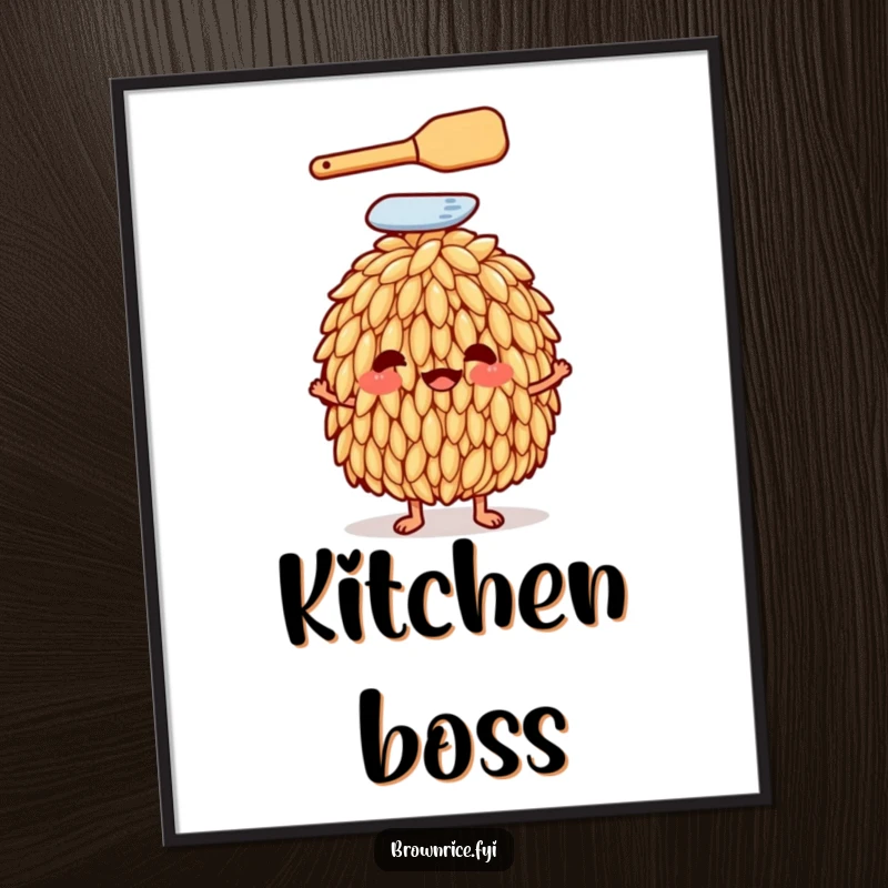 Funny anthropomorphic brown rice grain with a spatula on its head on a poster, depicting culinary humor, a humorous wall art.