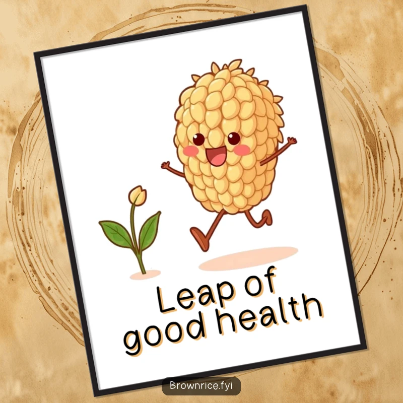 Funny poster depicting a brown rice grain character gleefully skipping alongside a fresh sprout, adding a touch of playful energy.