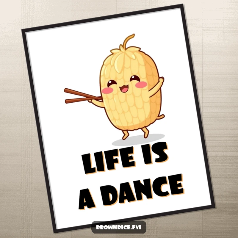 Funny poster of a cheerful brown rice grain character dancing joyfully with a pair of chopsticks, full of life.