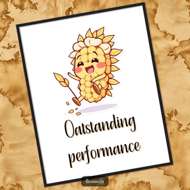 Funny Oat Grain Poster displaying a happy oat grain character in the middle of a silly stunt. Perfect for kitchen or cafe decor. A great funny gift.