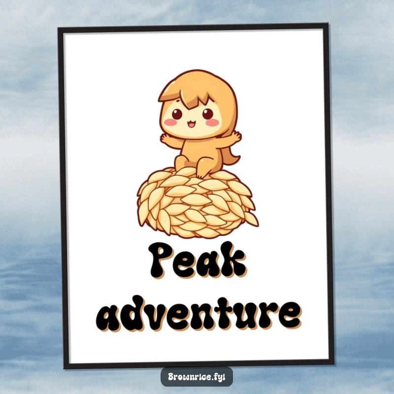 Funny poster of a brown rice character joyfully riding a massive grain of rice, excellent for a funny gift.