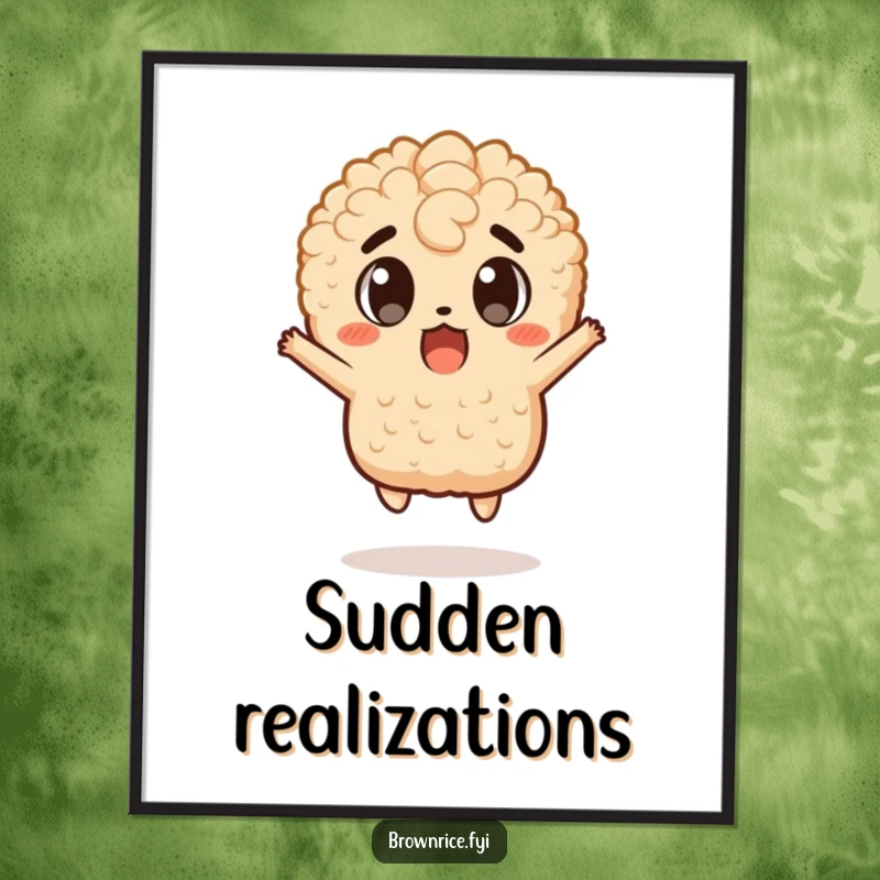 Funny poster of a brown rice character mid-jump, eyes wide in surprise, perfect wall decor for a funny gift.