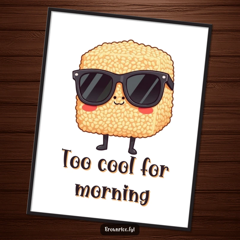 Funny brown rice block with large, trendy sunglasses, exuding maximum coolness in a vibrant poster design.