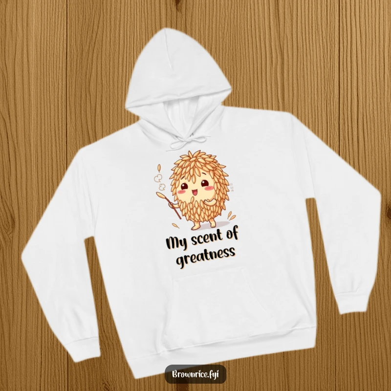 Funny hoodie featuring a brown rice grain character surrounded by a generous cloud of delicious aroma, suggesting something truly tasty.