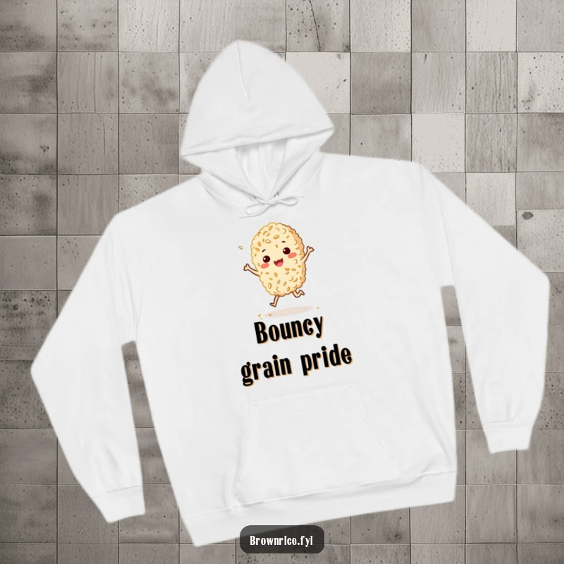Funny, cozy hoodie featuring a brown rice grain character doing a happy, bouncy jig with a sprinkle of sesame, designed for comfort and cheer.