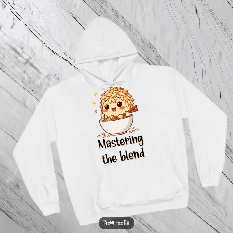 Funny hoodie featuring a brown rice grain character happily mixing ingredients in a bowl, a perfect blend of warmth and humor.