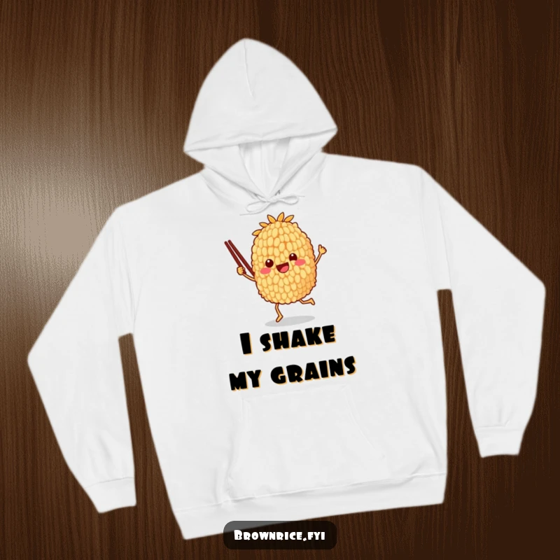 Funny hoodie with a brown rice grain character joyfully dancing with chopsticks, designed for ultimate comfort and humorous appeal.
