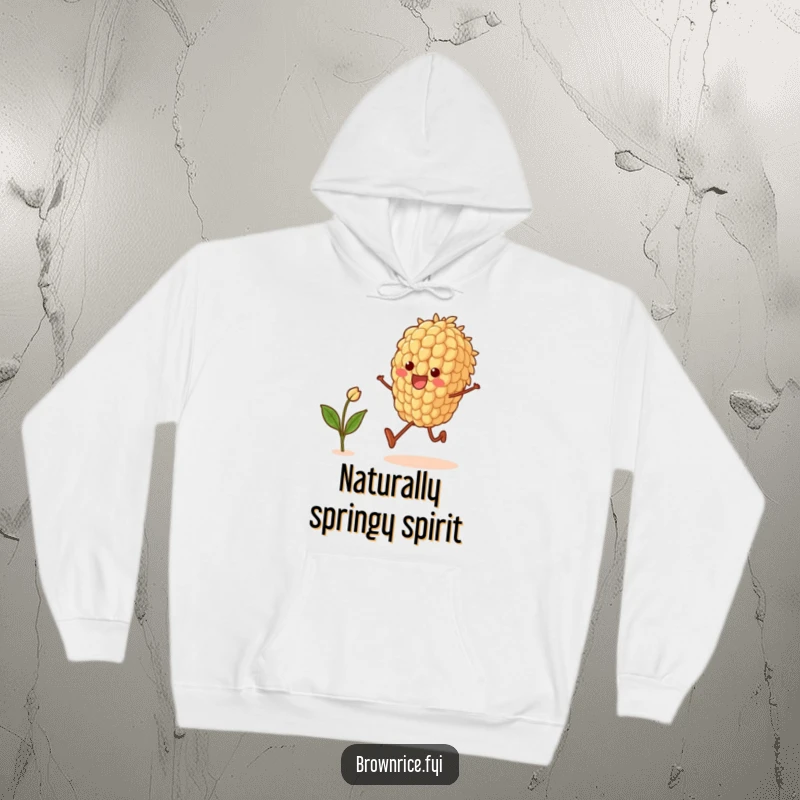 Funny hoodie with a brown rice grain character joyfully skipping, a sprout in hand, offering warmth and whimsical cheer.
