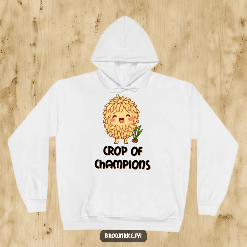 Funny Brown Rice Hoodie with an excited brown rice character celebrating a healthy harvest, perfect for cozy days.