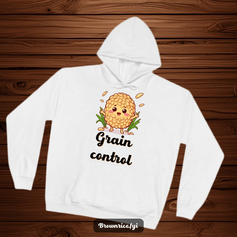 Funny hoodie featuring a happy brown rice character in the act of juggling multiple colorful grains of rice, radiating joy.