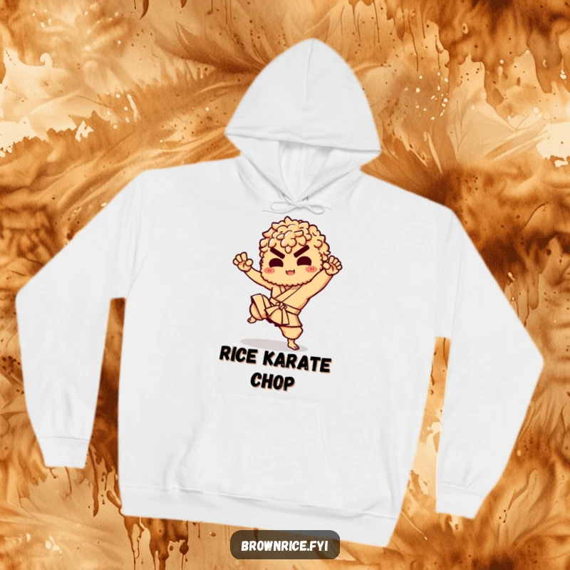 Funny hoodie showing a brown rice character performing a spirited martial arts kick, radiating power and humor.