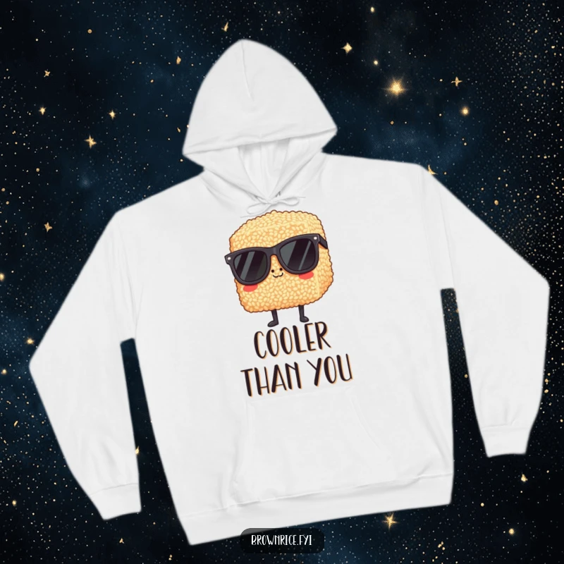 Funny brown rice block in oversized sunglasses, radiating coolness on a soft, comfortable hoodie.
