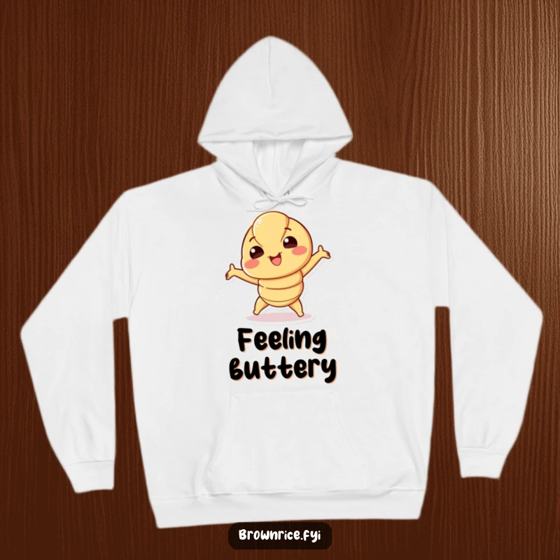 Funny Croissant Hoodie featuring a smiling croissant character playfully stretching, perfect for lounging or cool weather. A warm funny gift.