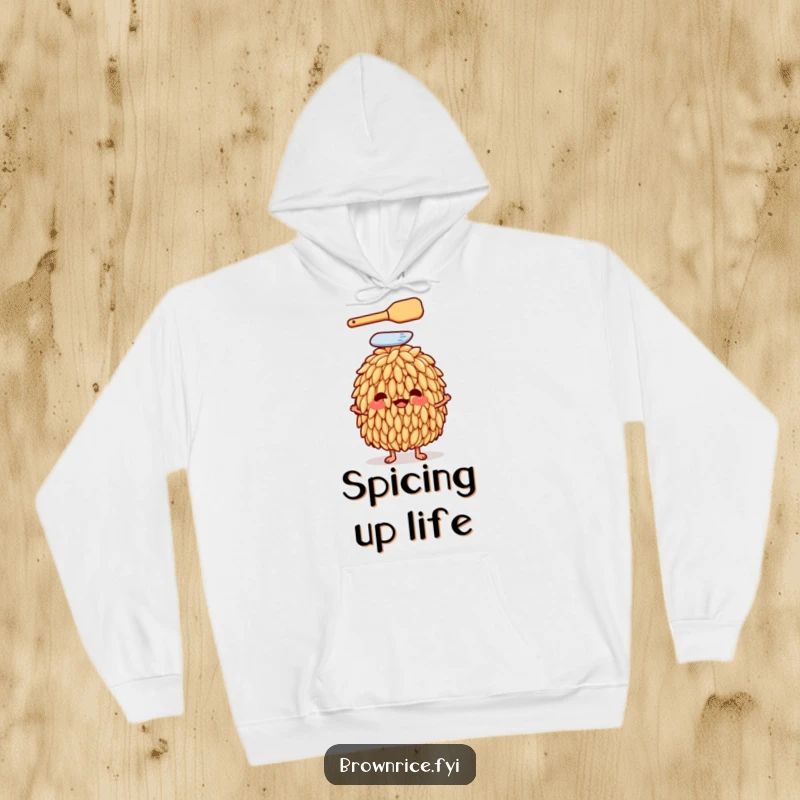 Funny rice grain character with a spatula on its head on a cozy hoodie, promoting culinary fun and warmth, a humorous gift.