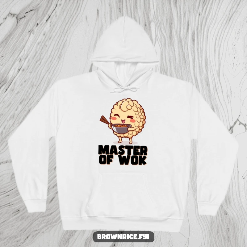 Funny, cozy hoodie featuring a brown rice grain character winking playfully while holding a mini wok, designed for warmth and humor.
