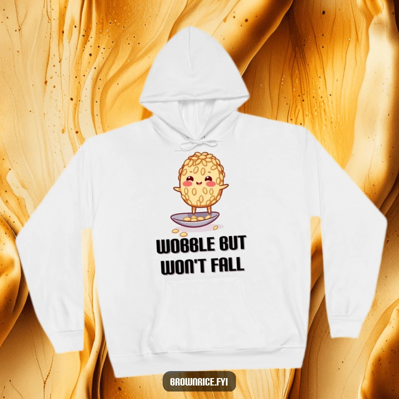 Funny wobbly brown rice grain character humorously balancing on a spoon, adding a touch of amusing instability to a cozy hoodie.