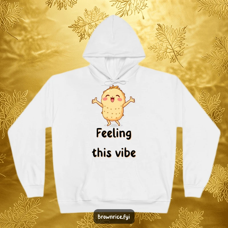 Funny hoodie showing a brown rice character in a joyful dance pose with arms spread wide, ideal funny gift.