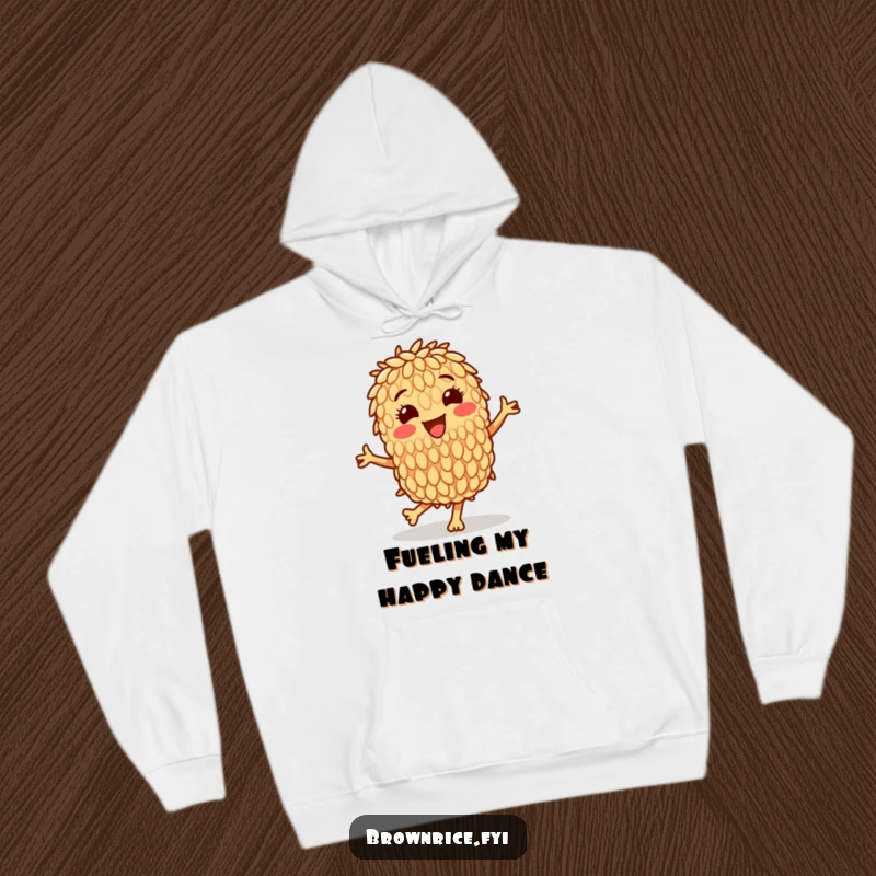 Funny hoodie with a cheerful brown rice grain character doing a jubilant dance, exuding warmth and playful energy.