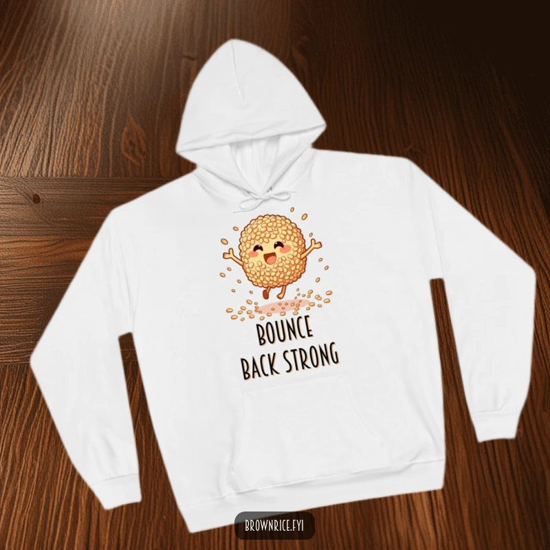 Funny Hoodie: A brown rice character energetically bouncing, surrounded by scattered grains, radiating pure, happy excitement.