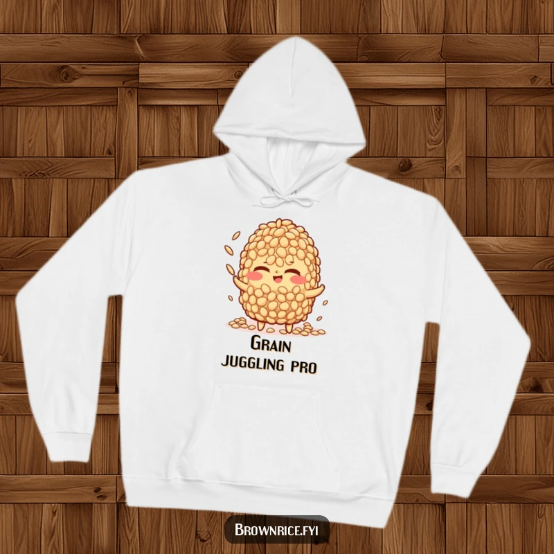 Funny brown rice character hoodie, winking playfully while juggling tiny rice grains, offering warmth and a humorous statement.