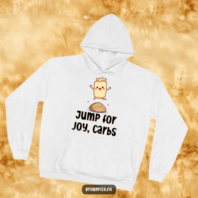 Funny hoodie displaying a brown rice character joyfully leaping over a small pebble, perfect for cozy adventures and playful moments.