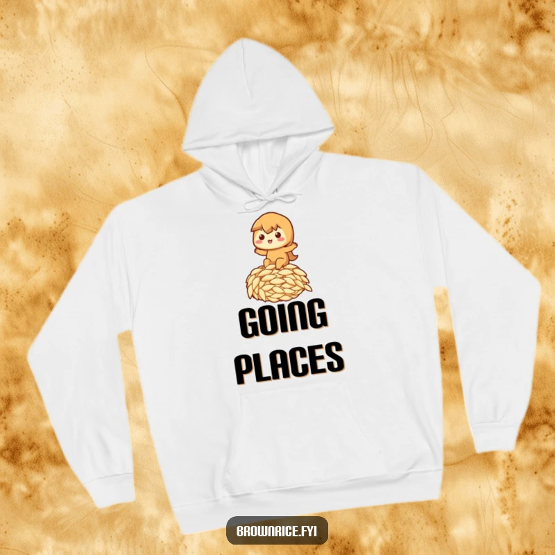 Funny hoodie showing a brown rice character happily surfing a large grain of rice, ideal for a funny gift.