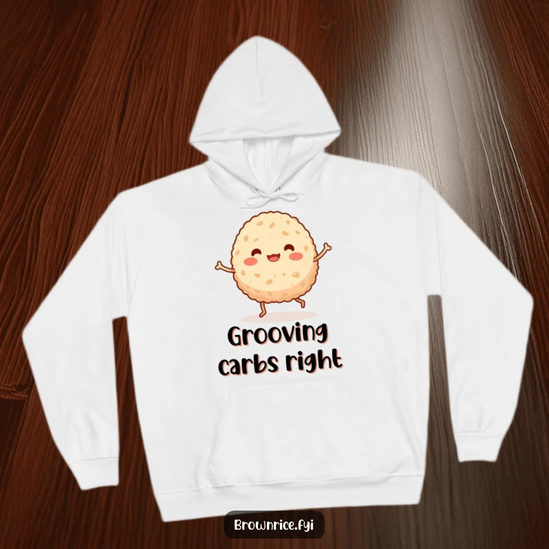 Funny kawaii brown rice ball with tiny legs in a dynamic, silly dance pose, featured on a soft, comfortable hoodie.