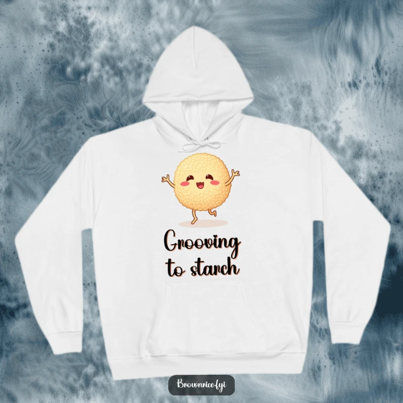 Funny brown rice ball doing a silly dance with wobbly legs, a warm hoodie featuring a cute and humorous cartoon design.