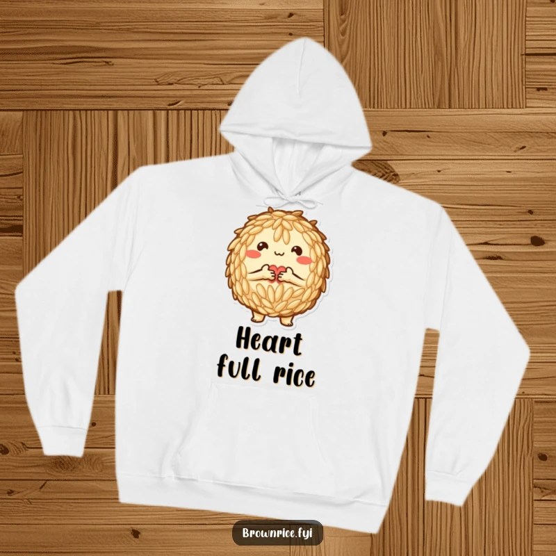 Funny Hoodie: A tender brown rice character creates a heart with grains, offering a warm embrace of love.