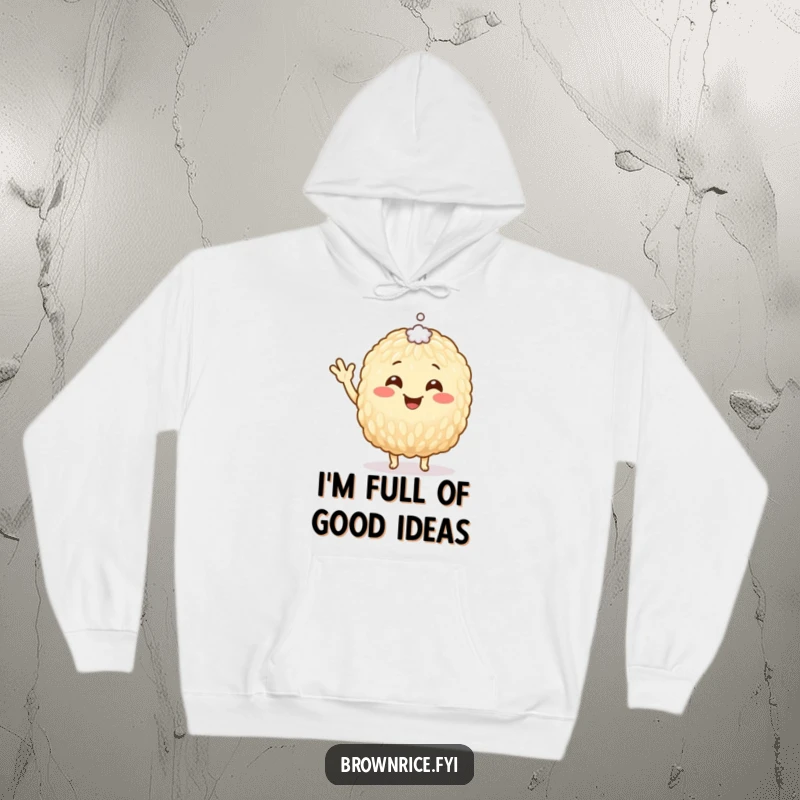 Funny Hoodie showcasing a smiling brown rice grain character waving merrily, a small salt speck adding character to its head.