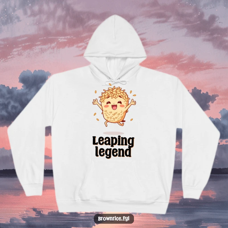 Funny brown rice character executing a joyful, energetic jump, printed on a cozy hoodie for ultimate comfort and humor.