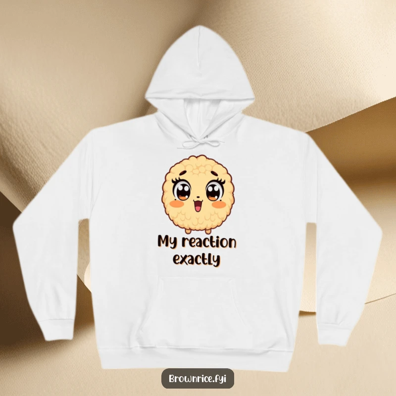 Funny hoodie featuring a brown rice grain character with comically widened eyes, perfect for expressing surprise and comfort.