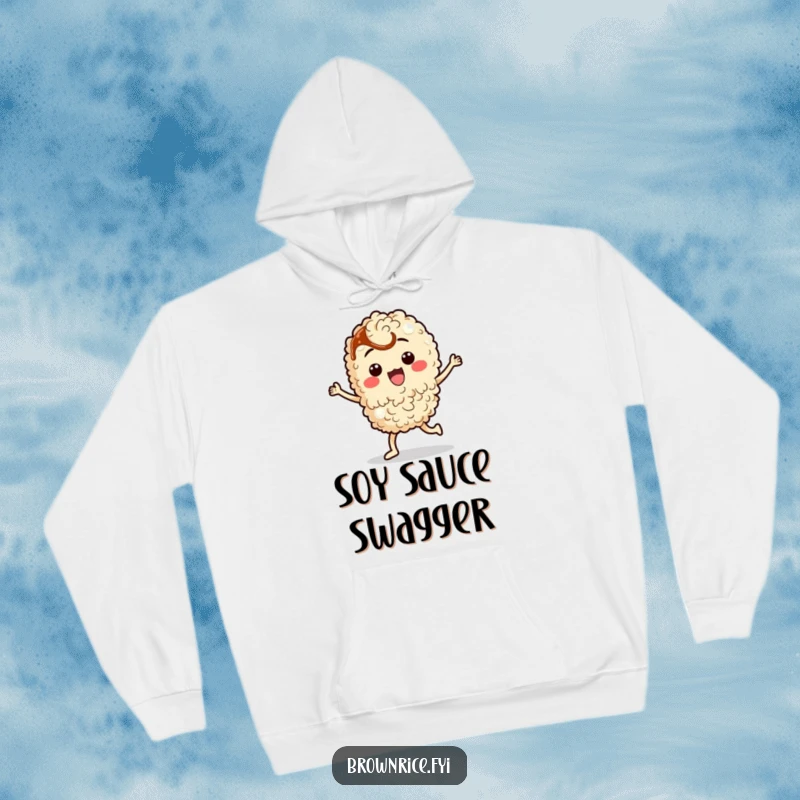 Funny brown rice character doing a silly dance with soy sauce, depicted on a cozy and humorous hoodie design.