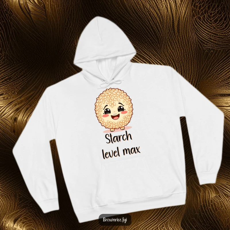Funny brown rice character with a huge starchy smile, depicted on a cozy and humorous hoodie design.