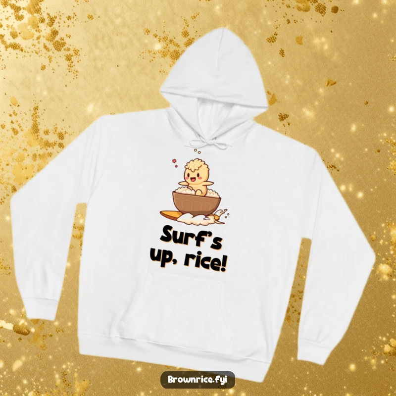 Funny hoodie depicting a brown rice character surfing a steaming bowl of rice like a surfboard, ready for adventure.