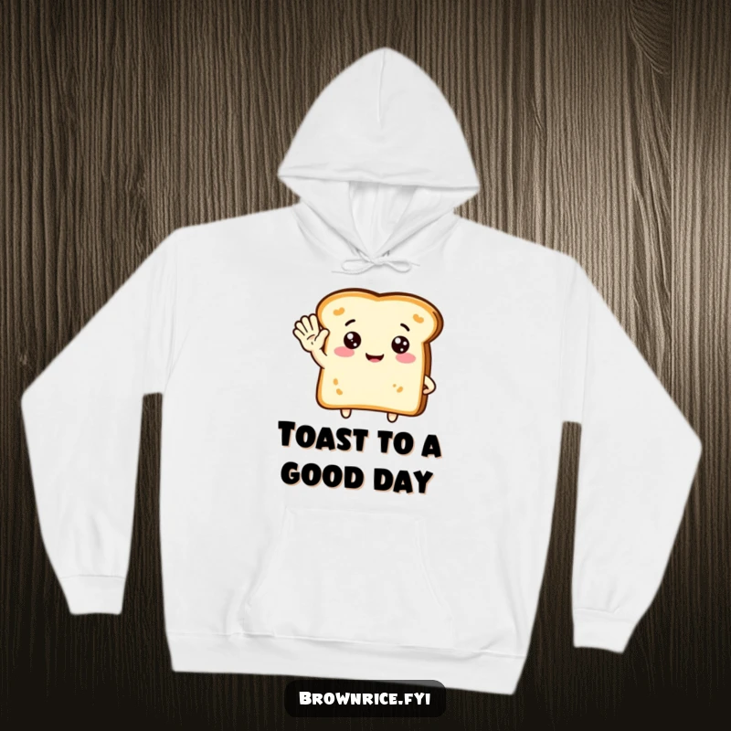 Funny hoodie featuring a cute piece of toast character waving hello, exuding warmth and friendly vibes for cozy wear.